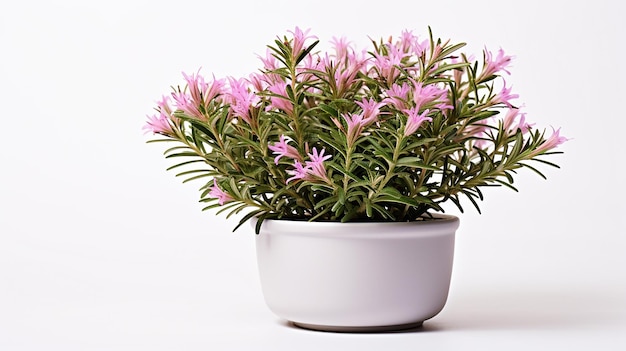 Photo of Rosemary flower in pot isolated on white background