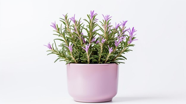 Photo of Rosemary flower in pot isolated on white background