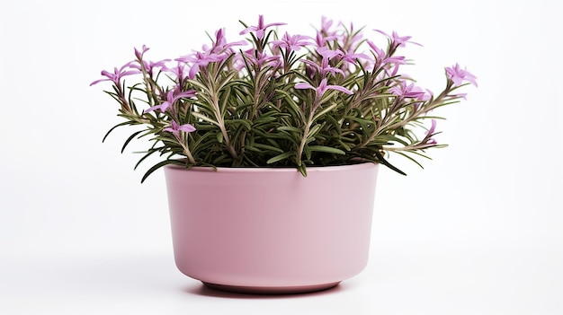 Photo of Rosemary flower in pot isolated on white background