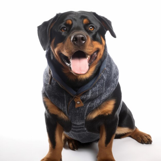 PHOTO A rottweiler dog wearing a sweater