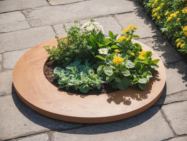 photo of round board and flower plants