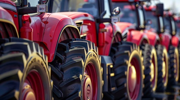 Photo a photo of a row of shiny new tractors at a deal