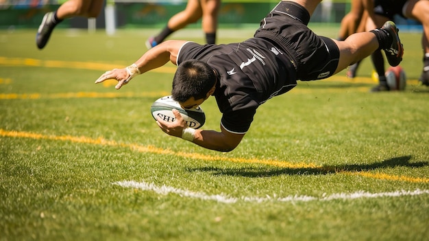 photo of rugby player scoring a try diving over the