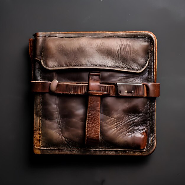 Photo of a rugged brown leather mens wallet with a vintage style on a dark grey background