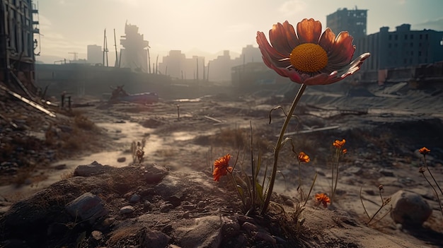 A photo of a ruined city with a flower in the foreground.