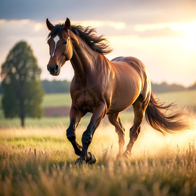 Photo a running horse at morning field AI GENERATED