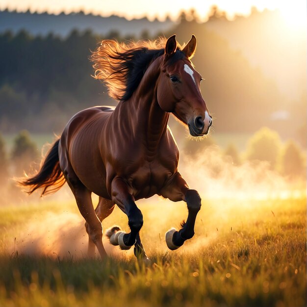 Photo a running horse at morning field AI GENERATED