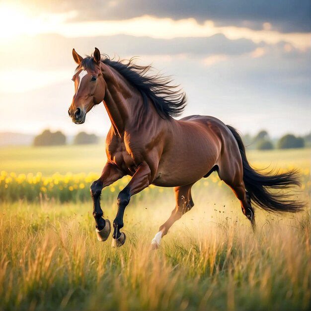 Photo a running horse at morning field AI GENERATED