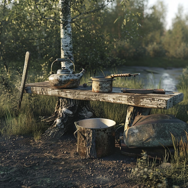 Photo photo russian country comfort ax in stump kettle and large saucepan at stake bucket on bench