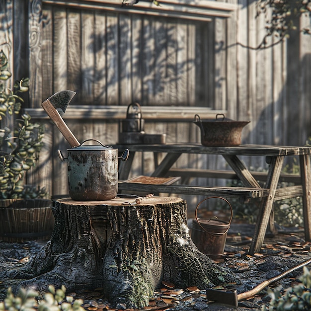 Photo photo russian country comfort ax in stump kettle and large saucepan at stake bucket on bench