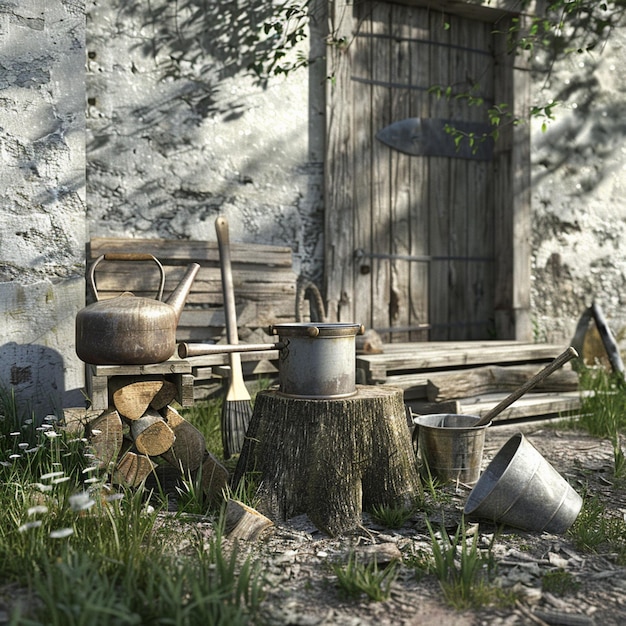 Photo photo russian country comfort ax in stump kettle and large saucepan at stake bucket on bench