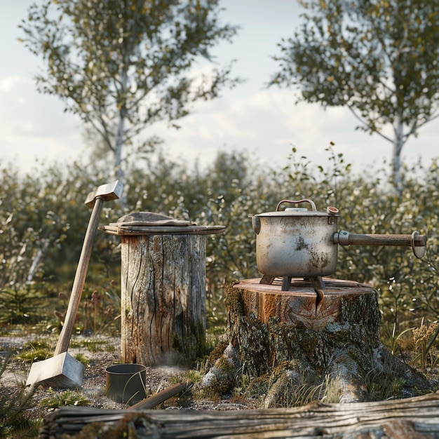 Photo photo russian country comfort ax in stump kettle and large saucepan at stake bucket on bench