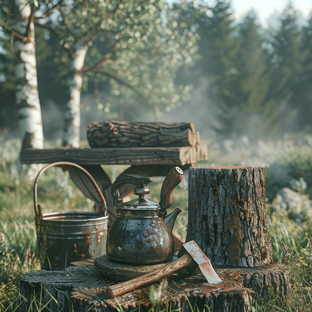 Photo photo russian country comfort ax in stump kettle and large saucepan at stake bucket on bench