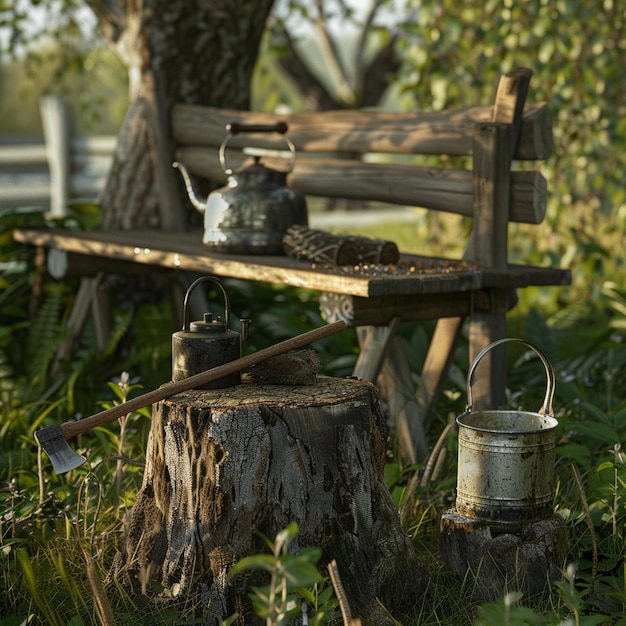 Photo photo russian country comfort ax in stump kettle and large saucepan at stake bucket on bench