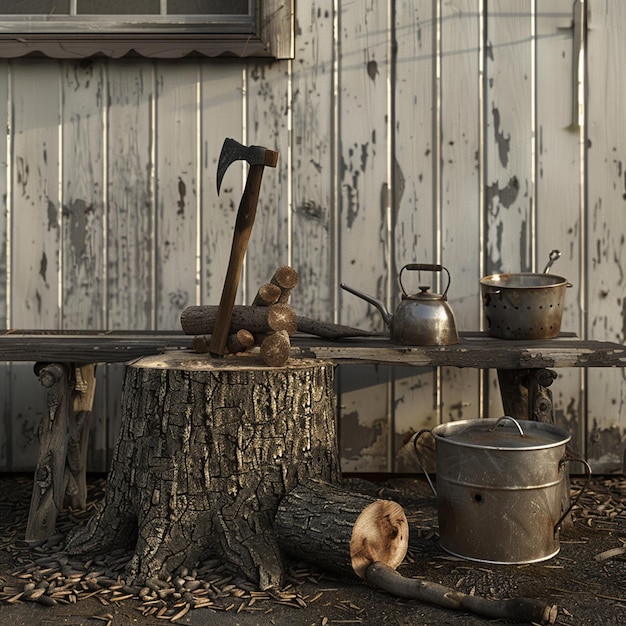 Photo photo russian country comfort ax in stump kettle and large saucepan at stake bucket on bench