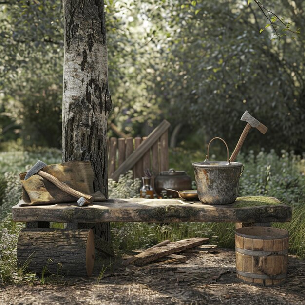 Photo photo russian country comfort ax in stump kettle and large saucepan at stake bucket on bench