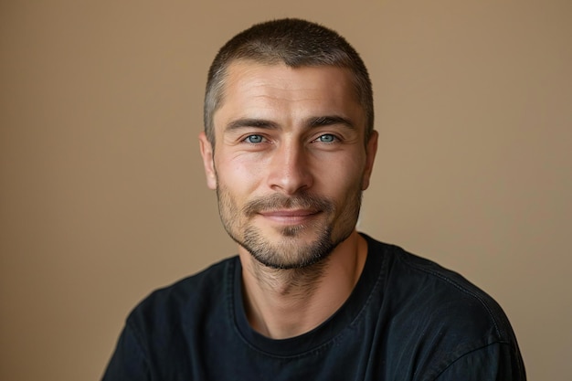 Photo photo of a russian man with short hair and stubble wearing a black tshirt on a beige background lo