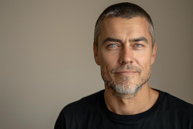 Photo of a russian man with short hair and stubble wearing a black tshirt on a beige background lo