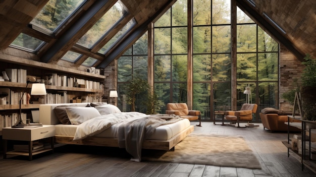 Photo of a rustic interior design of a modern bedroom Create a wideangle lens for daylight white light