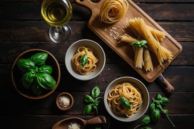 Photo a photo of a rustic italian meal setup with pasta olive oil garlic and fresh basil on a wooden cutti