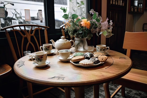 Photo of a rustic wooden table in a cafe with food on it coffee bread and so on