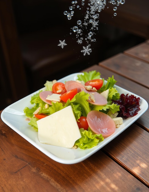 Photo Salad with lettuce tomatoes cheese and ham