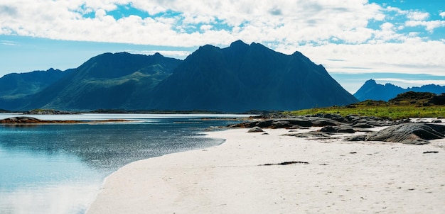 Photo of sandy coast hills sea sky in Norway on summer