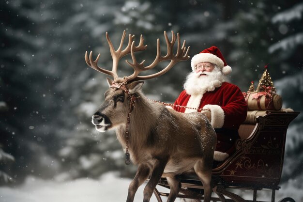 Photo photo of santa claus riding on sleigh with with deer and gift box copy space