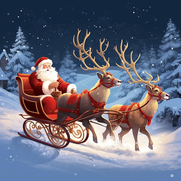 Photo of Santa Claus riding on sleigh with with deer and gift box