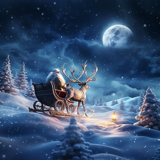 Photo of Santa Claus riding on sleigh with with deer and gift box