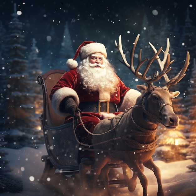 Photo of Santa Claus riding on sleigh with with deer and gift box