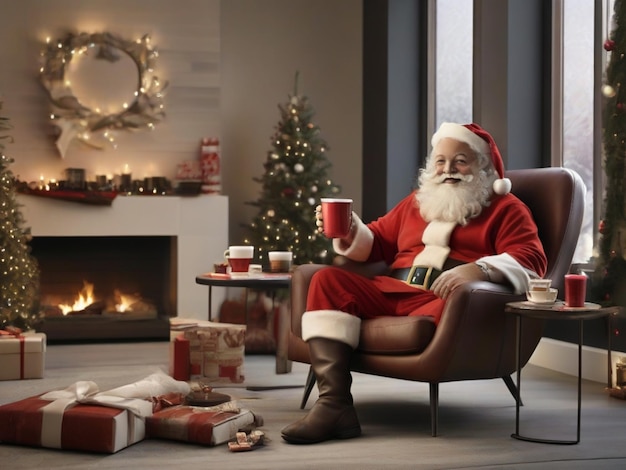 photo of a Santa sit on a chair on his living room