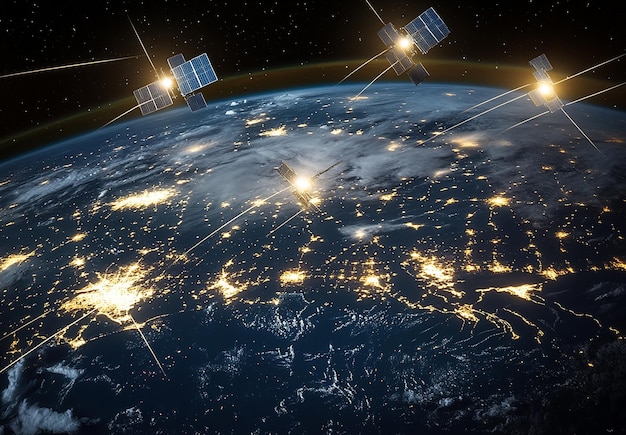 Photo of a Satellite Orbiting Earth with City Lights Visible Below