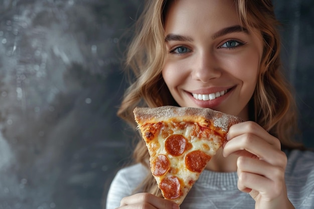 photo of satisfied holds a piece of pizza looks happily directly wears stylish casual outfit