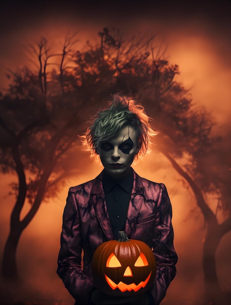 Photo Scary and creepy male monster makeup for halloween day with pumpkin Halloween day sale banner