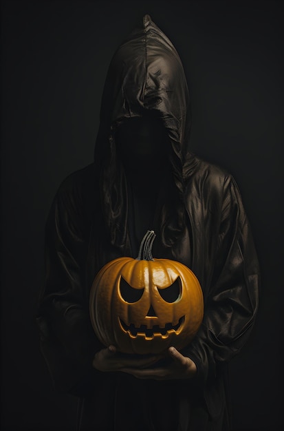 Photo Scary and creepy male monster standing in the darkness with pumpkin concept for halloween day