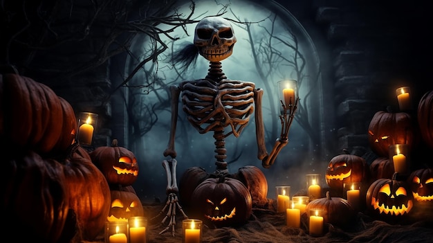 Photo of Scary Halloween pumpkin and ghost background