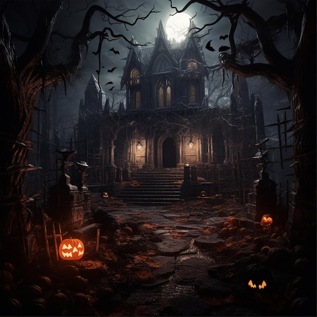 Photo scary hallowen decoration house in the style of fantasy high quality illustration