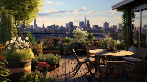 A photo of a scenic rooftop garden with a view