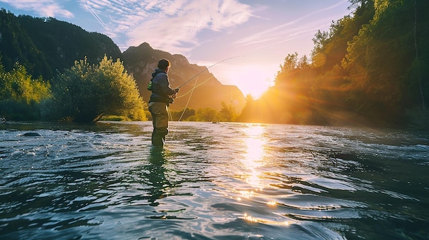 Photo of a scenic view of fisherman stands under lake at mountains in sunset