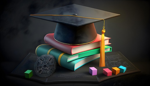 Photo scholarly success symbolized by a graduation cap and books on a chalkboard background generative ai