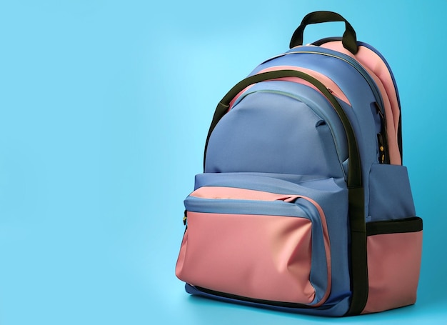 Photo school backpack isolated back to school in soft blue background