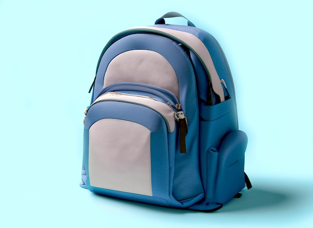 Photo school backpack isolated back to school in soft blue background