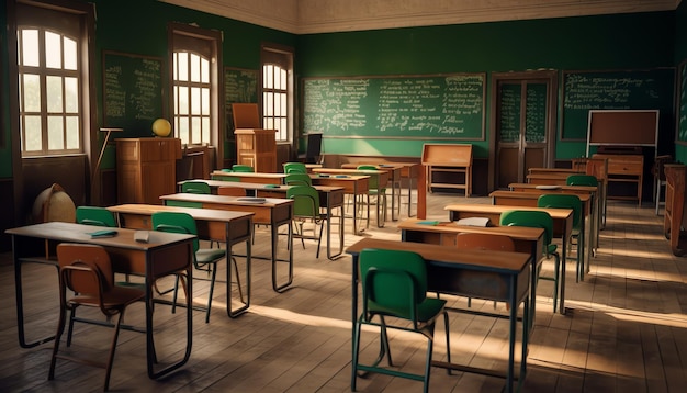 Photo of a school classroom with board