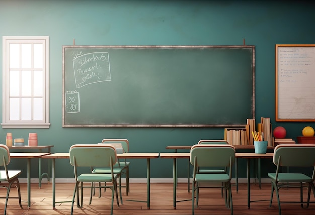 Photo school classroom with chairsdesks and chalkboard