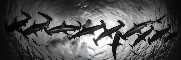 Photo photo of school of hammerhead shark shot direction above pose swimming formation time of day late