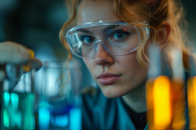 Photo photo of scientist lab researcher working with colorful liquid in modern lab with laboratory items