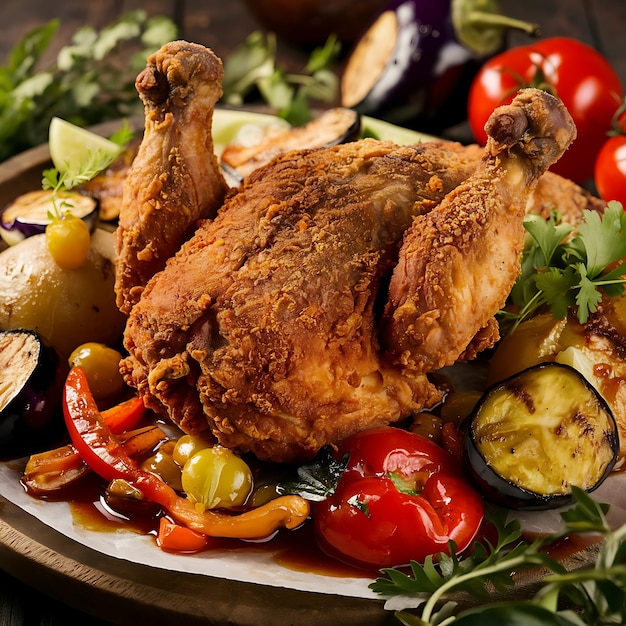 photo of a scrumptious meal featuring crispy fried chicken as the centerpiece