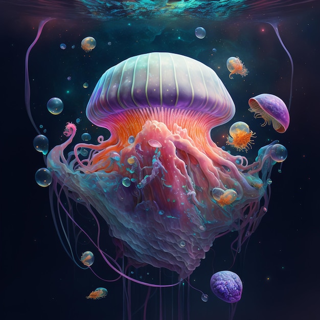 Photo of sea jellyfish on the wave of the ocean beautiful light colorful jellyfish HD image