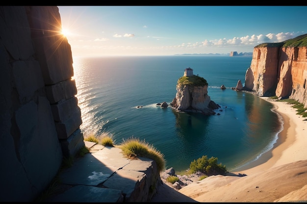 A photo of a sea landscape with the sun shining on the horizon